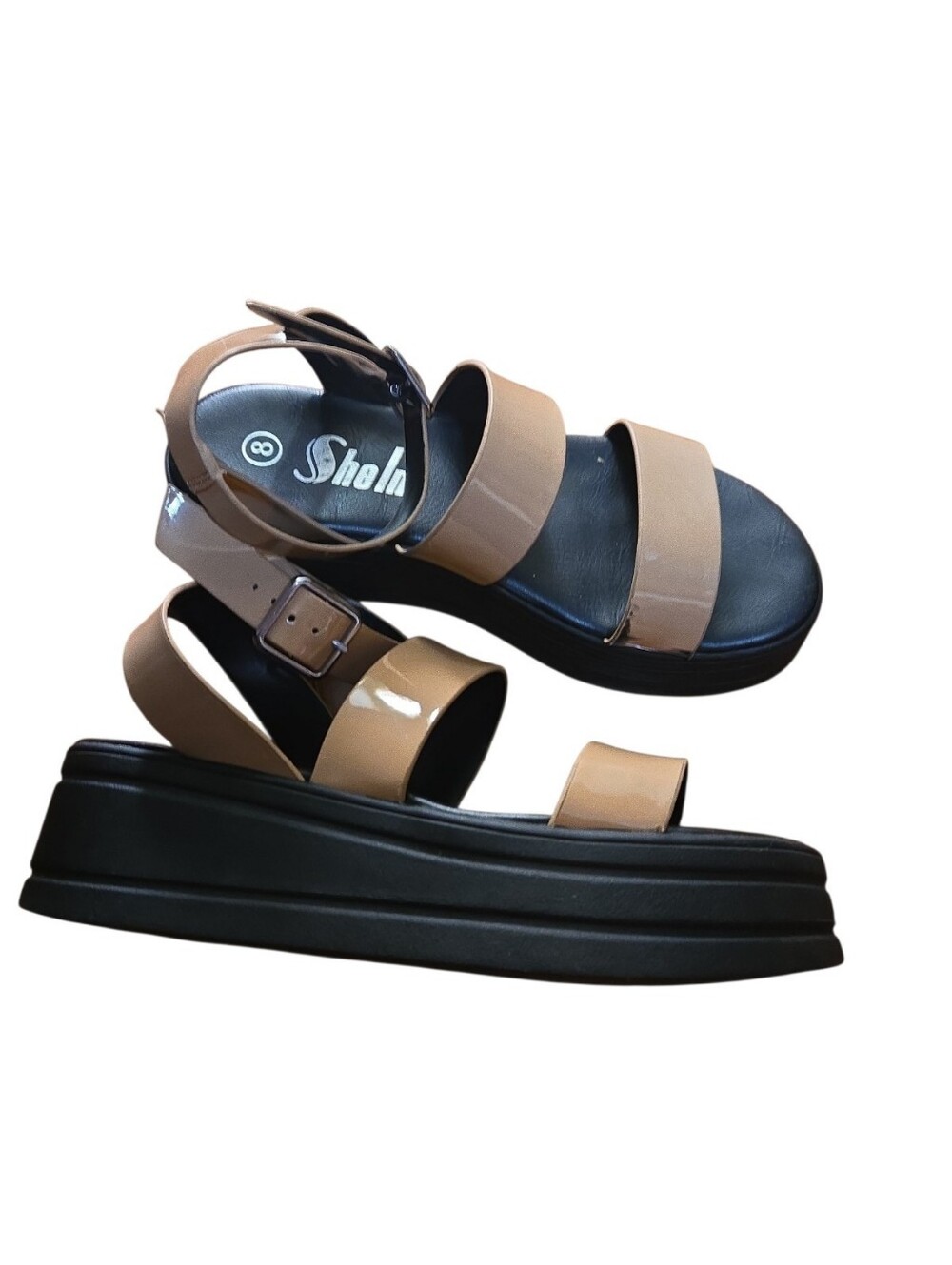 SHEIN Tan Patent Platform Strappy Sandals for Women